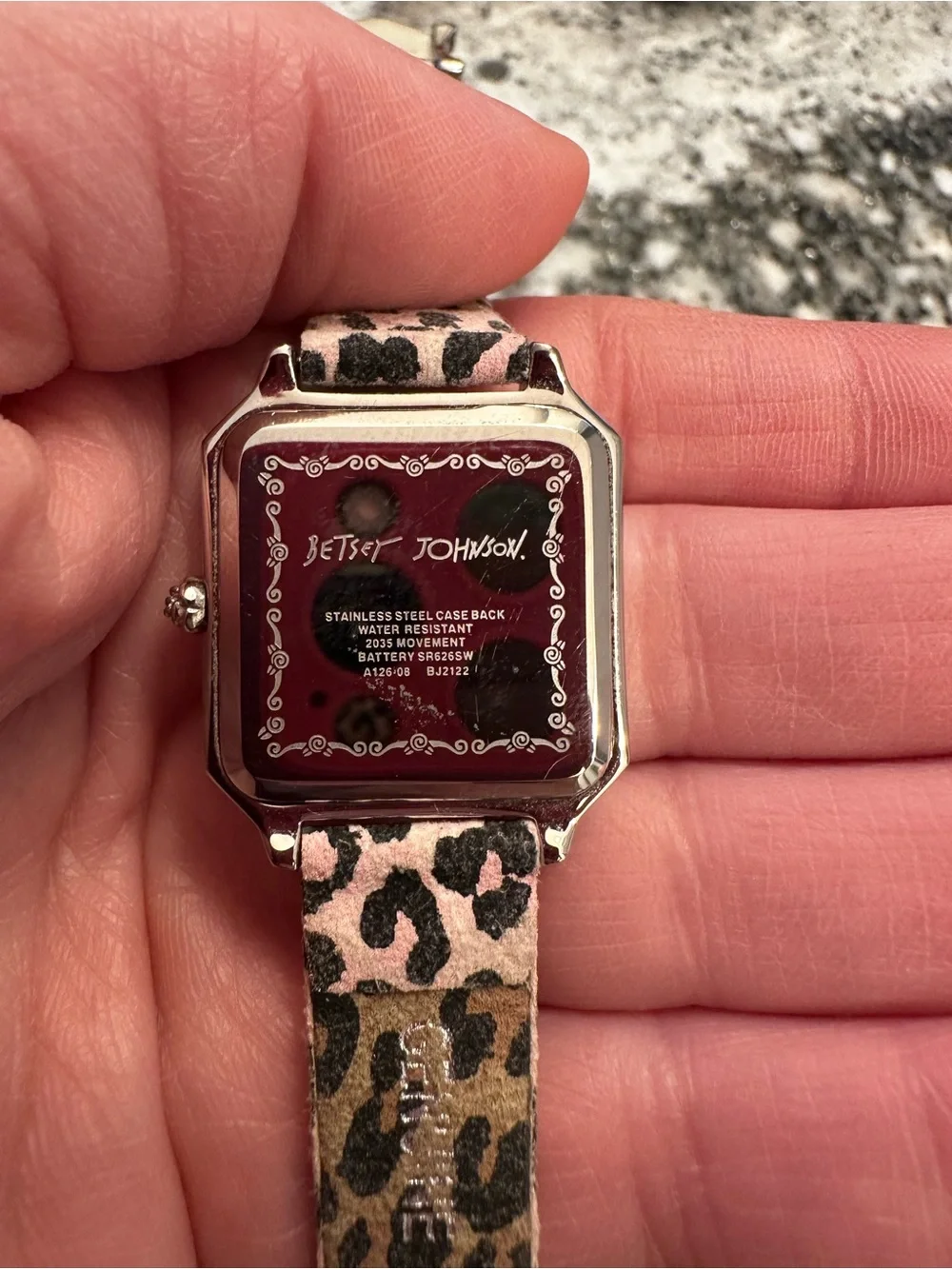 Betsey Johnson Pink Leopard Crystal-Trim Square Women's Watch